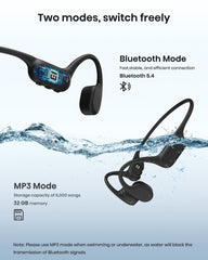 Swimming Headphones IP68 Waterproof, Bone Conduction Headphones MP3 Player Built-in 32G Memory - Black